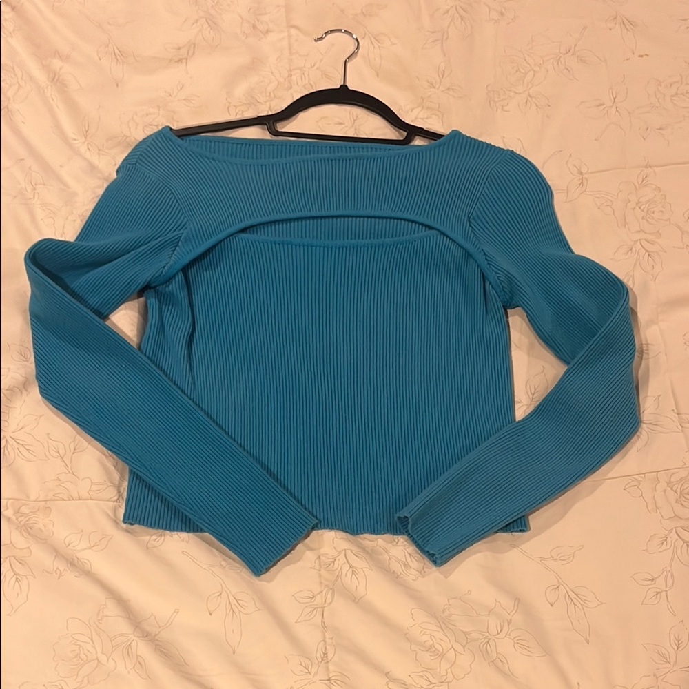 Blue Ribbed Long Sleeve Top
